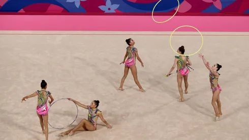 Registro conjunto brasileiro de ginástica rítmica, feita em 2019, nos Jogos Pan Lima. (Foto: Getty Images)