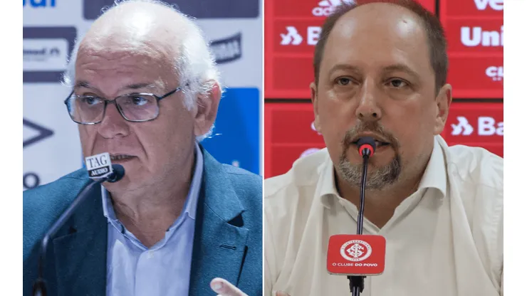 O presidente gremista foi questionado a respeito da declaração do colorado (Fotos: Lucas Uebel/Grêmio/Divulgação e Ricardo Duarte/Inter/Divulgação)