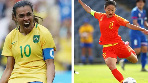 As jogadoras Marta, do Brasil, e Wu Haiyan, da seleção chinesa. (Foto: Getty Images)