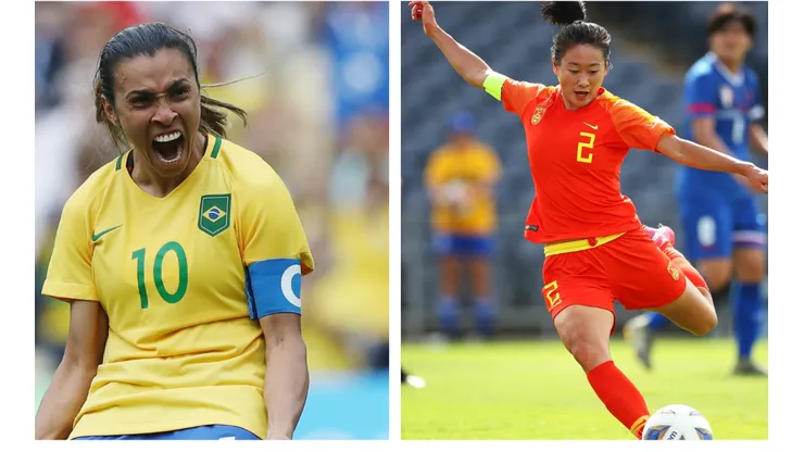 As jogadoras Marta, do Brasil, e Wu Haiyan, da seleção chinesa. (Foto: Getty Images)