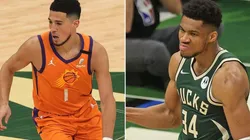 Devin Booker e Giannis Antetokounmpo: jogadores brilharam no Jogo 4, na última quarta-feira (14), em Milwaukee (Foto: Getty Images)