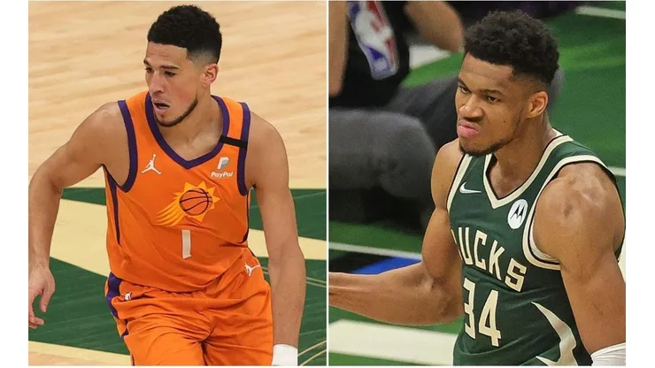 Devin Booker e Giannis Antetokounmpo: jogadores brilharam no Jogo 4, na última quarta-feira (14), em Milwaukee (Foto: Getty Images)