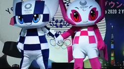 Miraitowa (azul e branco) e Someity (rosa e branco)