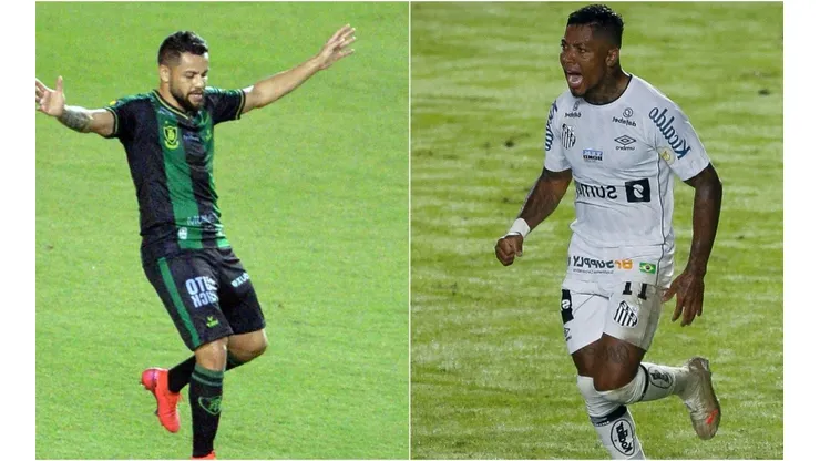 América-MG x Santos se encaram pelo Brasileirão. Foto 1: Walmir Cirne/AGIF / Foto 2: Getty Images