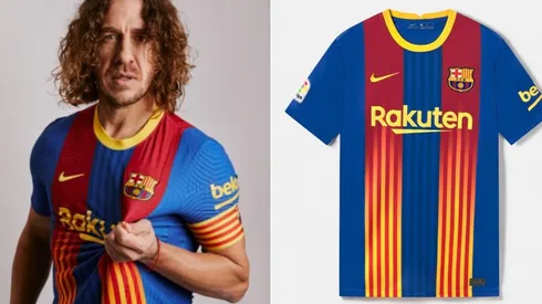 Puyol exibe camisa especial do Barcelona, que será usada em clássico