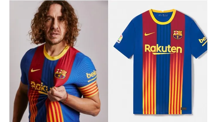Puyol exibe camisa especial do Barcelona, que será usada em clássico