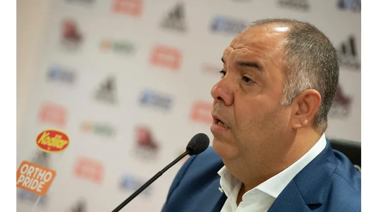Marcos Braz durante coletiva no Fla — Foto: Alexandre Vidal / Flamengo
