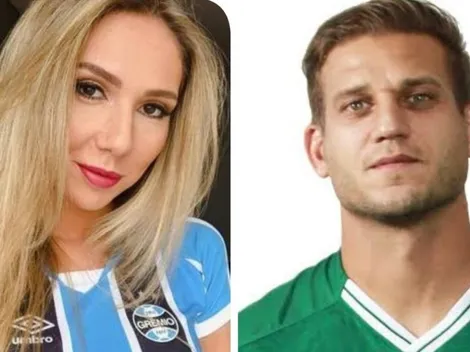 Rafael Moura cutuca Carol Portaluppi antes de Grêmio x Goiás
