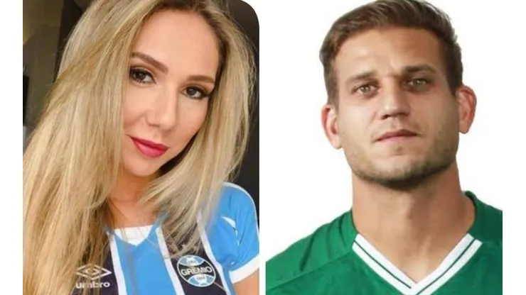 Rafael Moura cutuca Carol Portaluppi antes de Grêmio x Goiás