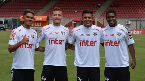 Gustavo Maia, Lucas Sena, Galeano e Marcos Júnior: espaço para a base em Ribeirão Preto (Foto: Felipe Espíndola/saopaulofc.net/Divulgação)