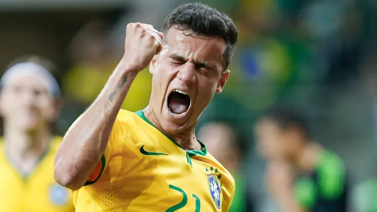 Philippe Coutinho comemorando gol pela Seleção Brasileira, durante amistoso contra o México.