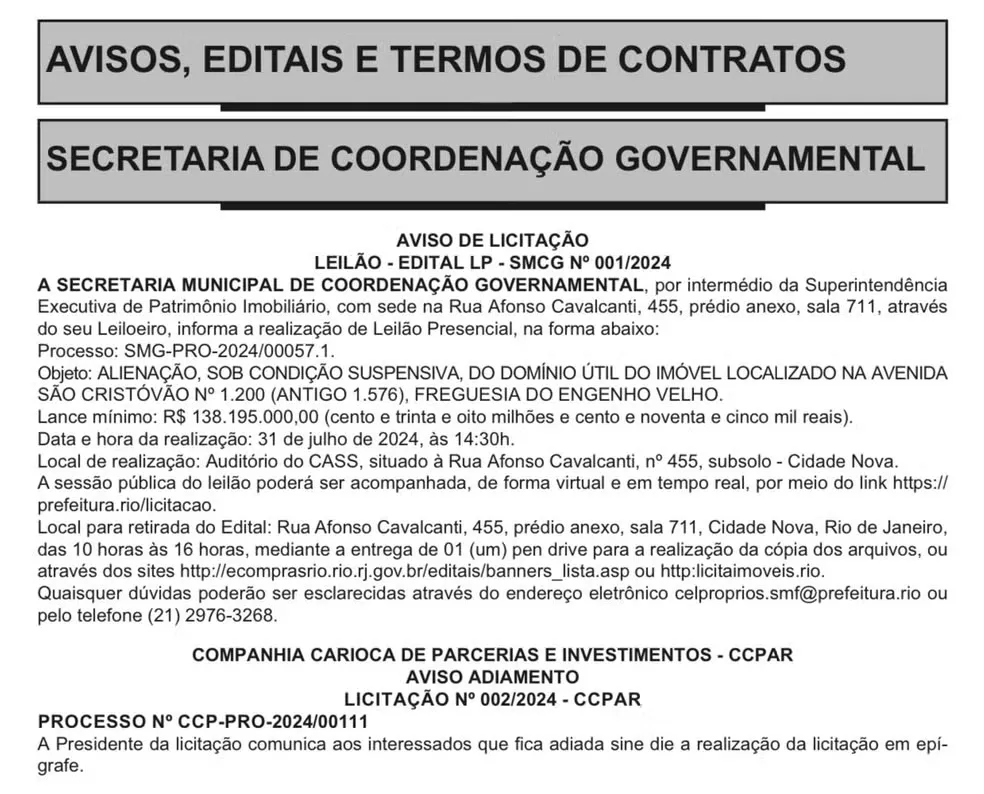 Parte do edital que cita valor mínimo de lance por terreno do Gasômetro. Foto: Reprodução