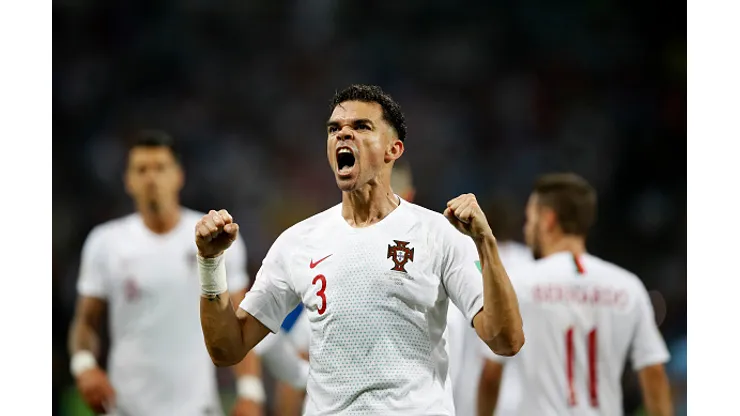 SOCHI, RUSSIA - JUNE 30: Pepe of Portugal celebrates after scoring his team's first goal during the 2018 FIFA World Cup Russia Round of 16 match between Uruguay and Portugal at Fisht Stadium on June 30, 2018 in Sochi, Russia. (Photo by Julian Finney/Getty Images)