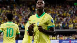LAS VEGAS, NEVADA - JUNE 28: Vinicius Junior of Brazil celebrates after scoring the team's first goal during the CONMEBOL Copa America 2024 Group D match between Paraguay and Brazil at Allegiant Stadium on June 28, 2024 in Las Vegas, Nevada. (Photo by Kevork Djansezian/Getty Images)
