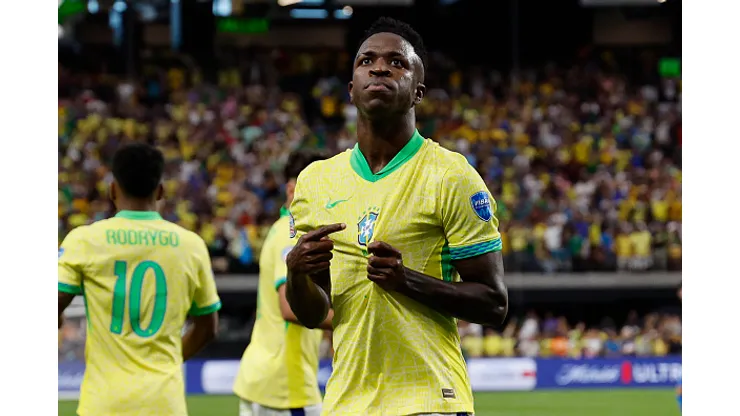 LAS VEGAS, NEVADA - JUNE 28: Vinicius Junior of Brazil celebrates after scoring the team's first goal during the CONMEBOL Copa America 2024 Group D match between Paraguay and Brazil at Allegiant Stadium on June 28, 2024 in Las Vegas, Nevada. (Photo by Kevork Djansezian/Getty Images)