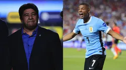 Ednaldo Rodrigues, presidente da CBF, e De La Cruz, jogador do Flamengo que serve a seleção uruguaia na Copa América. Foto Ednaldo: Agif. Foto De La Cruz: Michael Reaves/Getty Images.