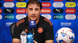 HOUSTON, TEXAS - JUNE 23: Nestor Lorenzo, coach of Colombia speaks during a press conference ahead of the CONMEBOL Copa America group stage match against Paraguay at NRG Stadium on June 23, 2024 in Houston, Texas. (Photo by Hector Vivas/Getty Images)