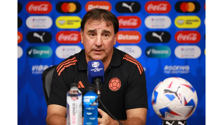 HOUSTON, TEXAS - JUNE 23: Nestor Lorenzo, coach of Colombia speaks during a press conference ahead of the CONMEBOL Copa America group stage match against Paraguay at NRG Stadium on June 23, 2024 in Houston, Texas. (Photo by Hector Vivas/Getty Images)