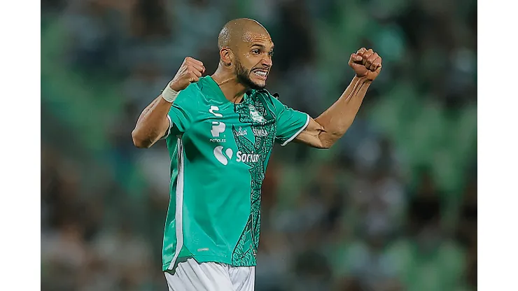 TORREON, MEXICO - MARCH 12: Matheus Doria of Santos celebrates after scoring the team´s third goal during the 11th round match between Santos Laguna and Tijuana as part of the Torneo Clausura 2023 Liga MX at Corona Stadium on March 12, 2023 in Torreon, Mexico. (Photo by Manuel Guadarrama/Getty Images)