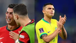 Thiago Silva e Cristiano Ronaldo pelas Seleções. Crédito: Foto: Buda Mendes/Getty Images) Foto: Justin Setterfield/Getty Images)