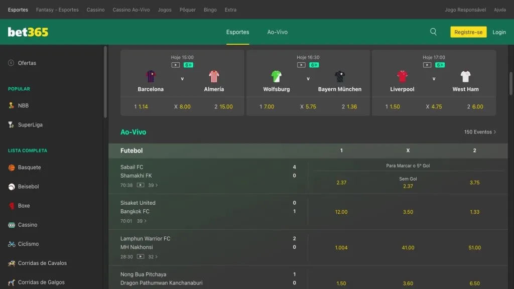 Captura de tela da página inicial da bet365 demonstrando a plataforma e o primeiro passo para fazer o cadastro.