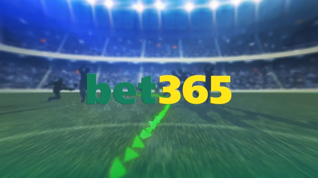 Logo da bet365 em tons de verde e amarelo contra fundo de estádio cheio e fora de foco. 
