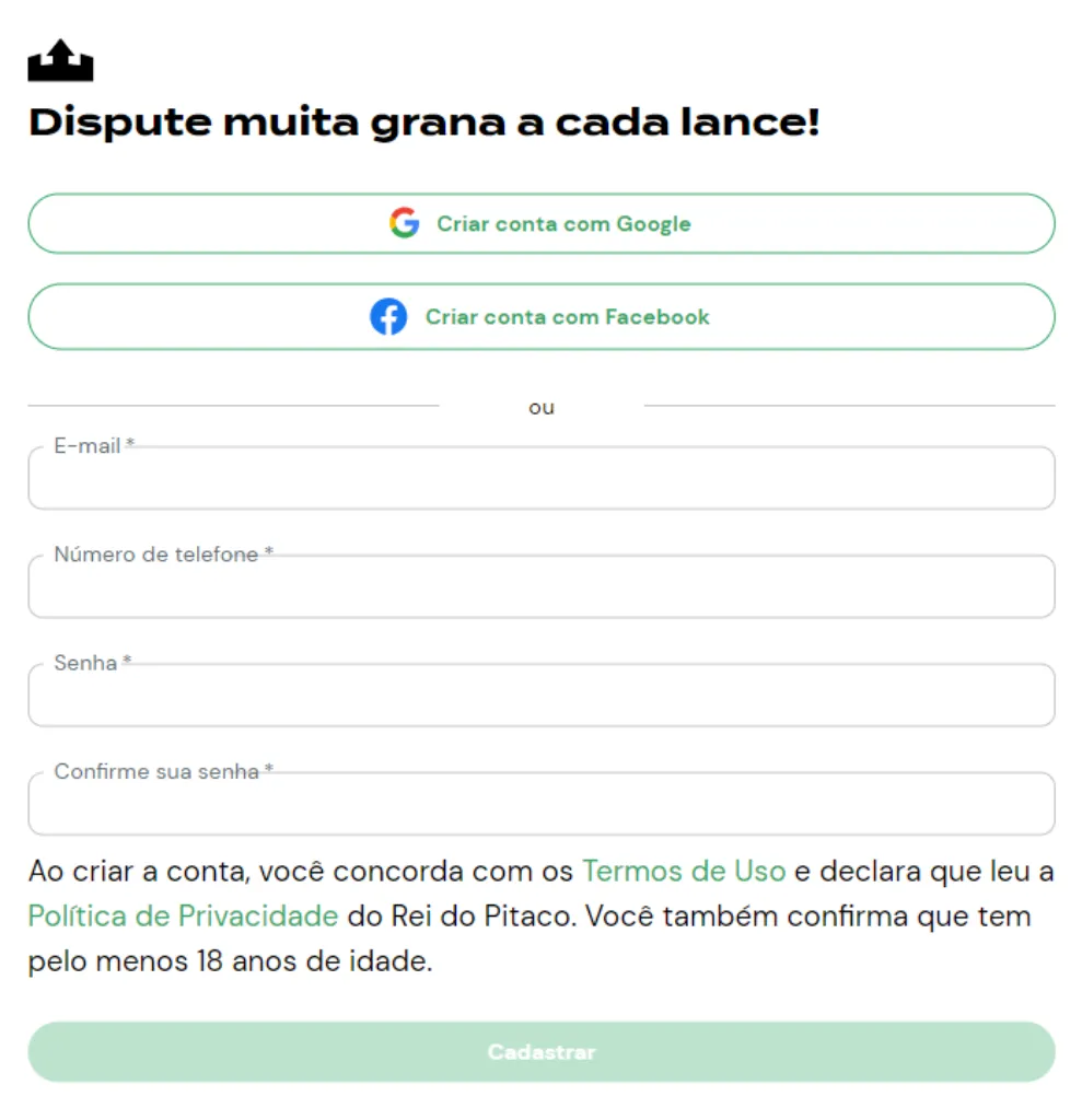 O processo de cadastro no Rei do Pitaco é rápido e prático | Crédito: Reprodução / Rei do Pitaco