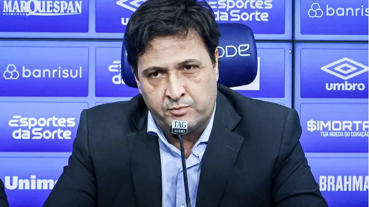 Alberto Guerra, presidente do Grêmio, durante coletiva de imprensa realizada no CT Luiz Carvalho, no dia 29/06/2023.