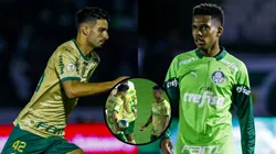 Estêvão e Flaco López conversam antes da cobrança de pênalti pelo Palmeiras, contra o Cuiabá.