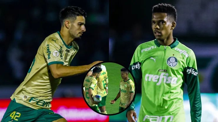 Estêvão e Flaco López conversam antes da cobrança de pênalti pelo Palmeiras, contra o Cuiabá.