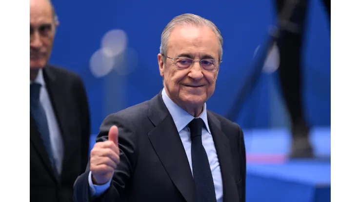 MADRID, SPAIN - JULY 16: Florentino Perez Rodriguez, President of Real Madrid reacts as Real Madrid new signing, Kylian Mbappe is unveiled at Estadio Santiago Bernabeu on July 16, 2024 in Madrid, Spain. (Photo by David Ramos/Getty Images)