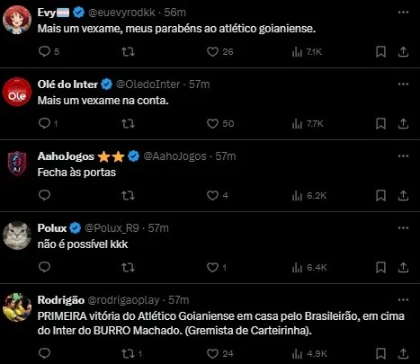 Torcida colorada reage a derrota para o Atlético-GO pelo Brasileirão.Foto: Reprodução X.