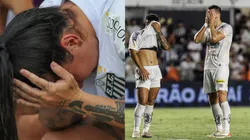 À esquerda, jogadora Karla lamenta a queda do Santos no futebol feminino. À direita, jogadores do Santos lamentando, em dezembro do ano passado, queda no Brasileirão.