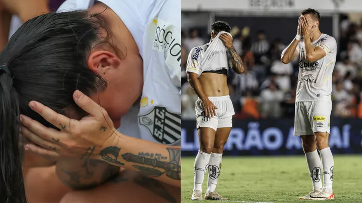 À esquerda, jogadora Karla lamenta a queda do Santos no futebol feminino. À direita, jogadores do Santos lamentando, em dezembro do ano passado, queda no Brasileirão.