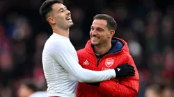 LONDON, ENGLAND - JANUARY 20: Gabriel Martinelli of Arsenal celebrates with teammate Cedric Soares following the team's victory during the Premier League match between Arsenal FC and Crystal Palace at Emirates Stadium on January 20, 2024 in London, England. (Photo by Shaun Botterill/Getty Images)
