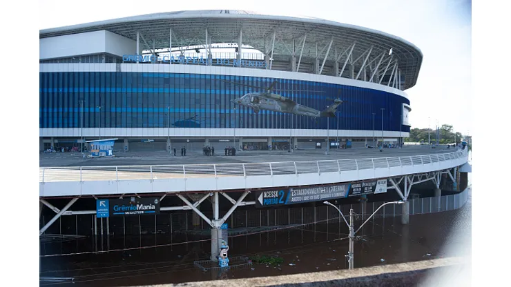Arena do Grêmio, Porto Alegre atingido pela enchente em maio 2024.