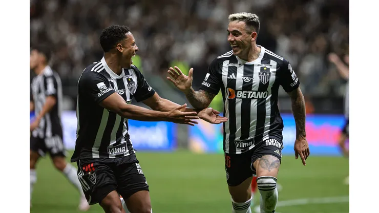 Saravia jogador do Atletico-MG comemora seu gol durante partida contra o CRB na Arena MRV pelo campeonato Copa Do Brasil. 07/08/2024