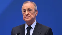 MADRID, SPAIN - JULY 16: Florentino Perez Rodriguez, President of Real Madrid speaks as Real Madrid new signing, Kylian Mbappe is unveiled at Estadio Santiago Bernabeu on July 16, 2024 in Madrid, Spain. (Photo by David Ramos/Getty Images)