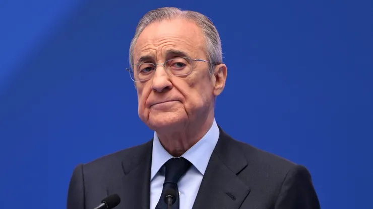 MADRID, SPAIN - JULY 16: Florentino Perez Rodriguez, President of Real Madrid speaks as Real Madrid new signing, Kylian Mbappe is unveiled at Estadio Santiago Bernabeu on July 16, 2024 in Madrid, Spain. (Photo by David Ramos/Getty Images)