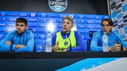 Renato Gaúcho, Kanneman e Geromel, em entrevista coletiva. Foto: Lucas Uebel/ Grêmio/ Flickr