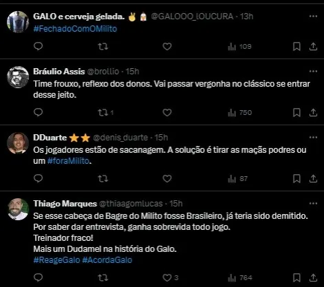 Torcida do Atlético-MG reage a derrota para o Criciúma. Foto: Reprodução X.