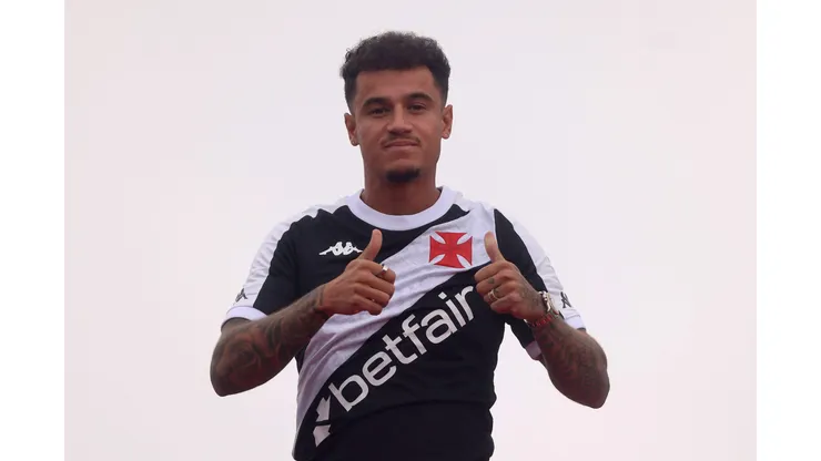 RIO DE JANEIRO, BRAZIL - JULY 13: Philippe Coutinho, Vasco da Gama newly signed player, gestures during his presentation at Sao Januario Stadium on July 13, 2024 in Rio de Janeiro, Brazil. (Photo by Wagner Meier/Getty Images)