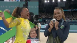 Rebeca Andrade celebrando a medalha de prata no individual da ginástica artística nas Olimpíadas 2024 - Foto: Globo