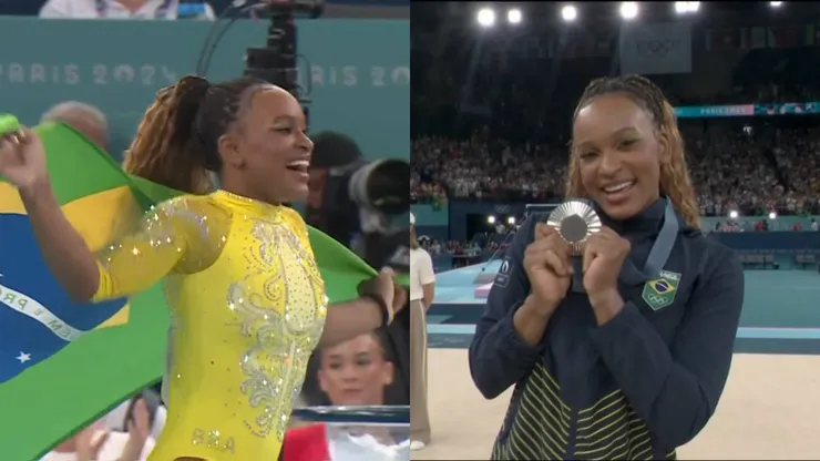 Rebeca Andrade celebrando a medalha de prata no individual da ginástica artística nas Olimpíadas 2024 - Foto: Globo