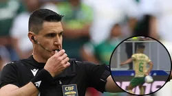 Árbitro Rodrigo Klein concordou com orientação do VAR e não deu pênalti de Vanderlan a favor do Vasco - Fotos: César Greco/Ag. Palmeiras e Reprodução/Band