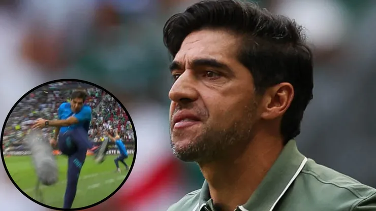 Abel viralizou nas redes sociais em momento em que afasta microfone da mão de auxiliar em Palmeiras x Vasco - Fotos: César Greco e Reprodução/TV Globo