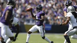 Baltimore Ravens QB Lamar Jackson 8 em ação contra o Las Vegas Raiders no M&T Bank Stadium em Baltimore, MD