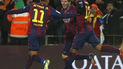 Liga BBVA match between FC Barcelona (Barca) and Villarreal CF. In this picture, Lionel Messi celebrates after scoring for Barcelona with Neymar and Rafinha Alcantara . xFRANCESCxADELANTADOx PUBLICATIONxINxGERxAUTxHUNxONLY League BBVA Match between FC Barcelona Barca and Villarreal CF in This Picture Lionel Messi Celebrates After Scoring for Barcelona with Neymar and Rafinha Alcantara PUBLICATIONxINxGERxAUTxHUNxONLY