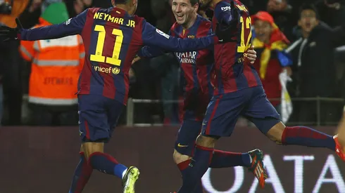 Liga BBVA match between FC Barcelona (Barca) and Villarreal CF. In this picture, Lionel Messi celebrates after scoring for Barcelona with Neymar and Rafinha Alcantara . xFRANCESCxADELANTADOx PUBLICATIONxINxGERxAUTxHUNxONLY League BBVA Match between FC Barcelona Barca and Villarreal CF in This Picture Lionel Messi Celebrates After Scoring for Barcelona with Neymar and Rafinha Alcantara PUBLICATIONxINxGERxAUTxHUNxONLY