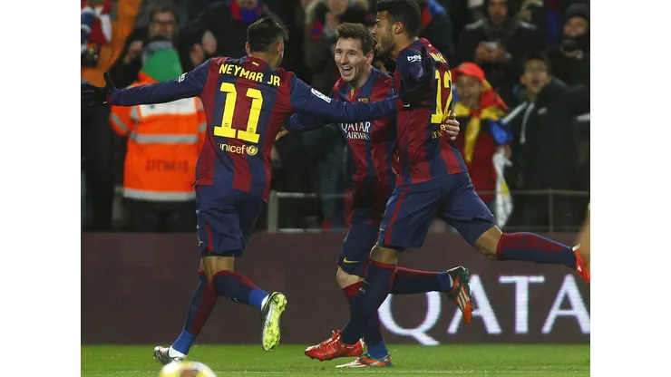 Liga BBVA match between FC Barcelona (Barca) and Villarreal CF. In this picture, Lionel Messi celebrates after scoring for Barcelona with Neymar and Rafinha Alcantara . xFRANCESCxADELANTADOx PUBLICATIONxINxGERxAUTxHUNxONLY League BBVA Match between FC Barcelona Barca and Villarreal CF in This Picture Lionel Messi Celebrates After Scoring for Barcelona with Neymar and Rafinha Alcantara PUBLICATIONxINxGERxAUTxHUNxONLY